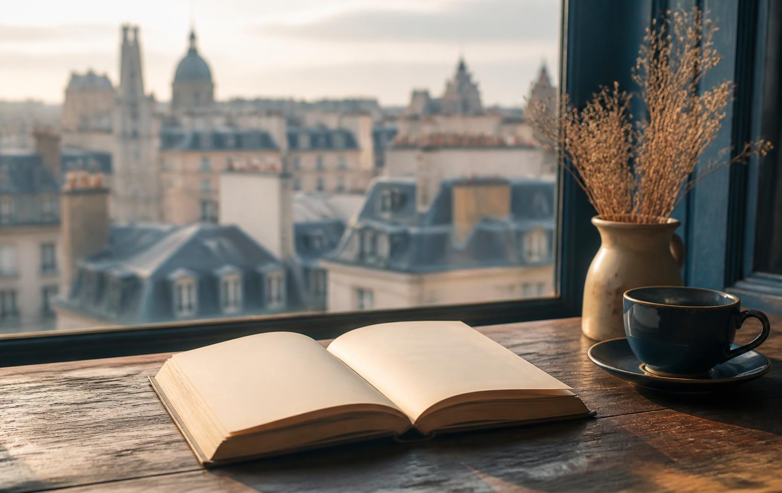 An open book on a wooden cafe table beside a window, with a blurred European cityscape of rooftops and spires behind